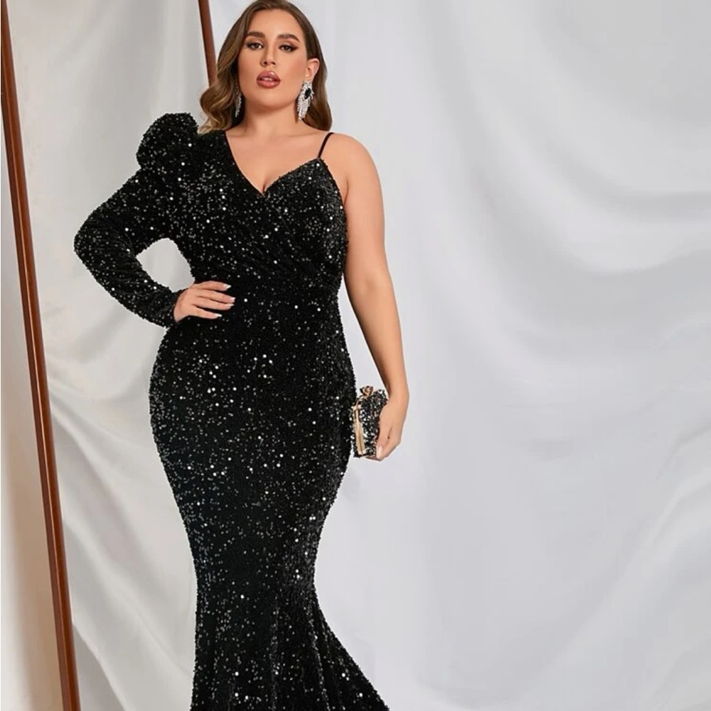 Plus Asymmetrical Neck Floor Length Sequin Prom Dress